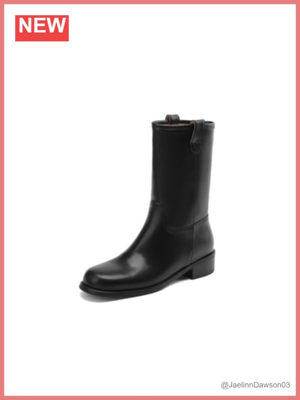 Handmade Leather Pull-On Mid Calf Boots Low Heel Winter Casual